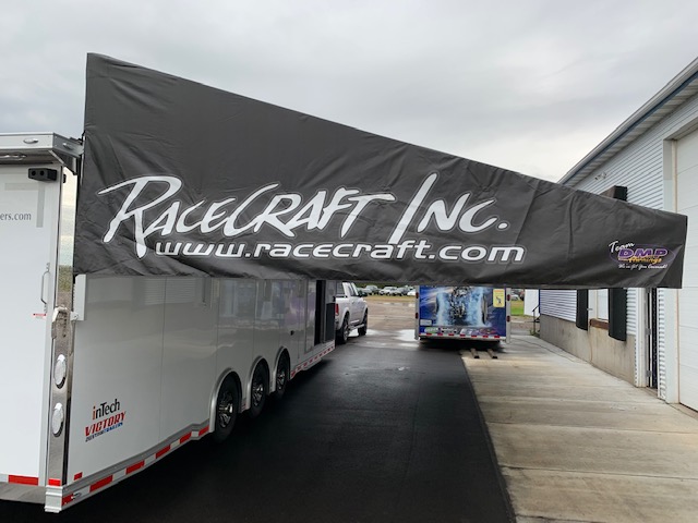 Completed custom display trailer awning project built by DMP Awnings