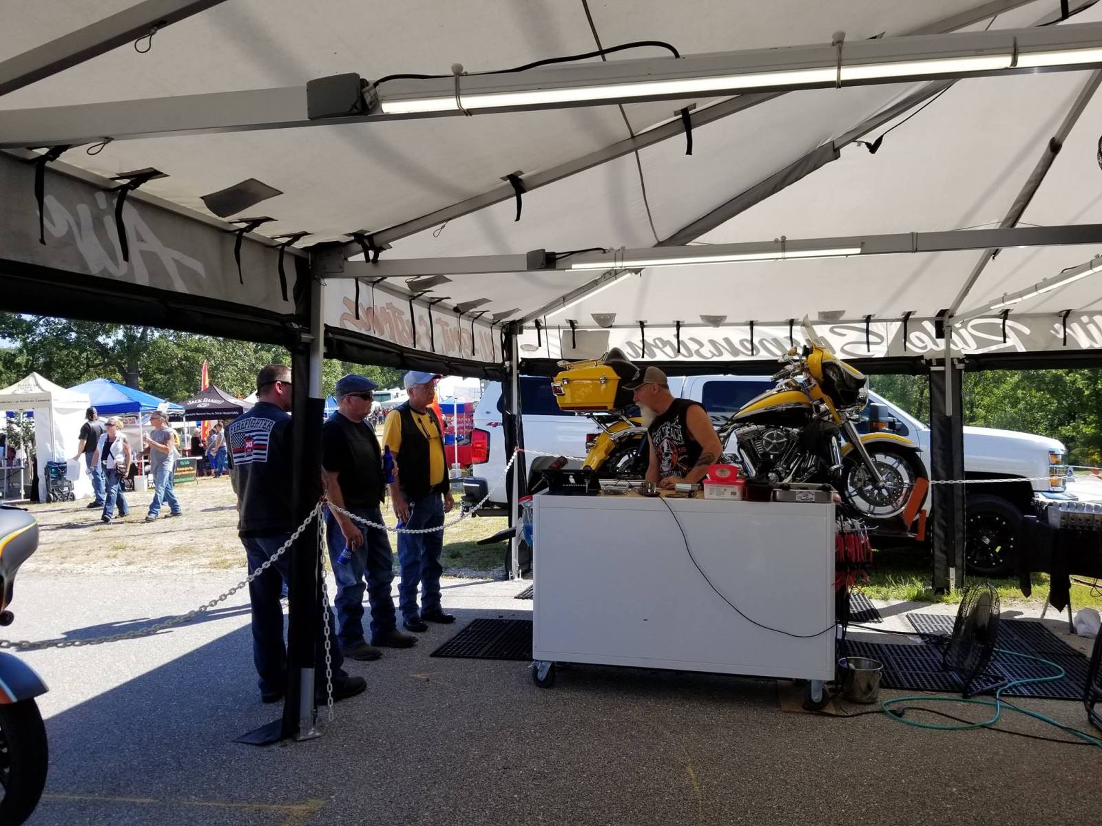 Custom-printed race trailer awning DMP Awnings built for All Bout Customs